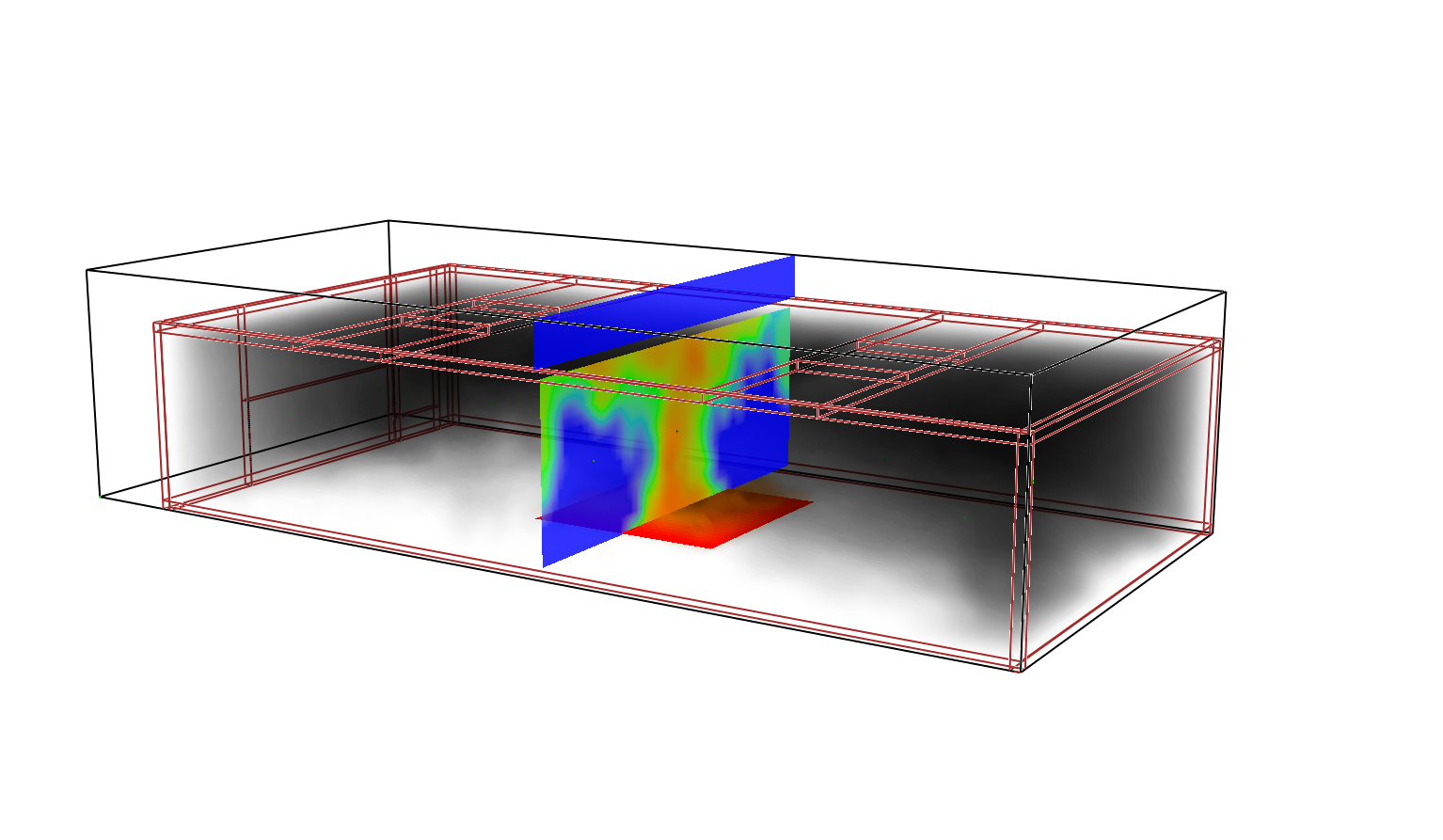 FDS-Simulation: 3D-Strömungsvisualisierung mit Temperaturverteilung